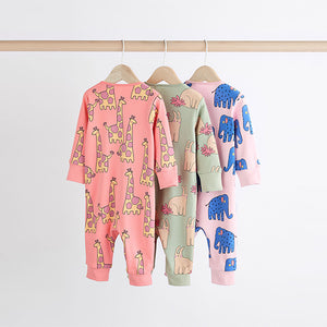 Multi Animal Baby Printed Cotton Zip Sleepsuits 3 Pack (0mths-18mths)