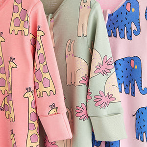 Multi Animal Baby Printed Cotton Zip Sleepsuits 3 Pack (0mths-18mths)