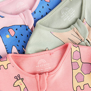 Multi Animal Baby Printed Cotton Zip Sleepsuits 3 Pack (0mths-18mths)