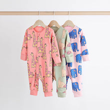 Load image into Gallery viewer, Multi Animal Baby Printed Cotton Zip Sleepsuits 3 Pack (0mths-18mths)
