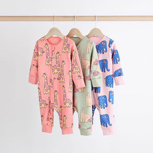 Multi Animal Baby Printed Cotton Zip Sleepsuits 3 Pack (0mths-18mths)
