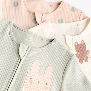 Mint Green Two Way Zip Baby Footless 100% Cotton Sleepsuits 3 Pack (0mths-18mths)