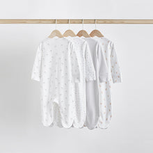 Load image into Gallery viewer, White 4 Pack Baby Delicate Animal Printed 100% Cotton Sleepsuits (0-18mths)
