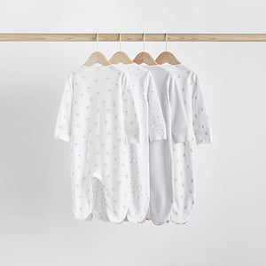 White 4 Pack Baby Delicate Animal Printed 100% Cotton Sleepsuits (0-18mths)