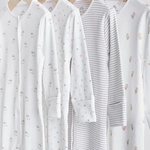 White 4 Pack Baby Delicate Animal Printed 100% Cotton Sleepsuits (0-18mths)