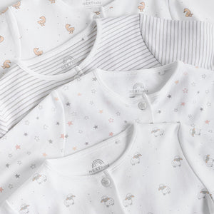 White 4 Pack Baby Delicate Animal Printed 100% Cotton Sleepsuits (0-18mths)