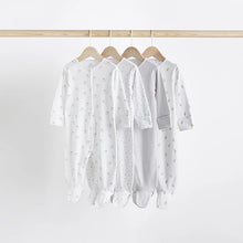 Load image into Gallery viewer, White 4 Pack Baby Delicate Animal Printed 100% Cotton Sleepsuits (0-18mths)
