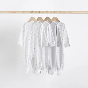 White 4 Pack Baby Delicate Animal Printed 100% Cotton Sleepsuits (0-18mths)