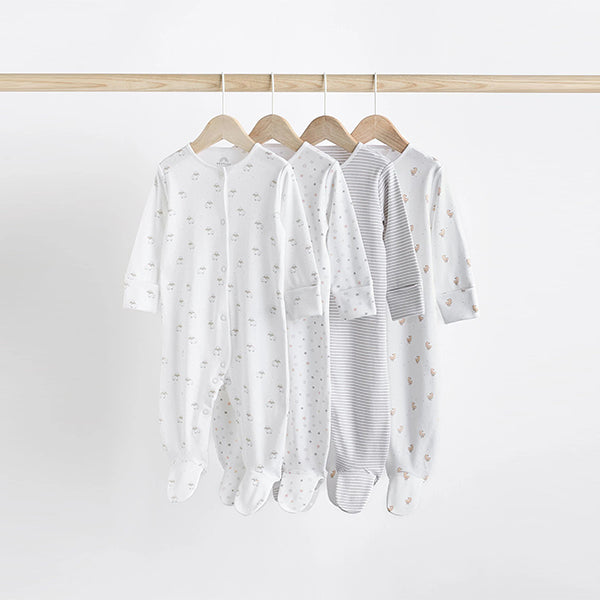 White 4 Pack Baby Delicate Animal Printed 100% Cotton Sleepsuits (0-18mths)