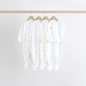 White Bright Character 4 Pack Baby 100% Cotton Sleepsuits (0-18mths)
