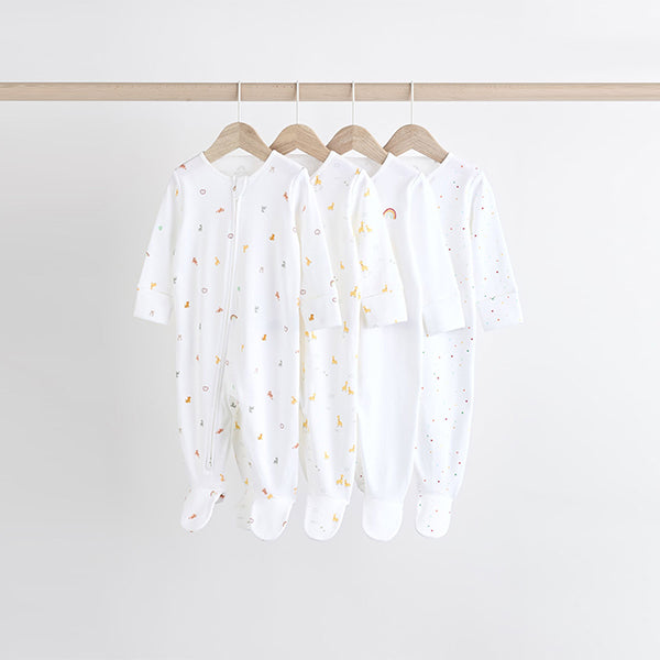White Bright Character 4 Pack Baby 100% Cotton Sleepsuits (0-18mths)