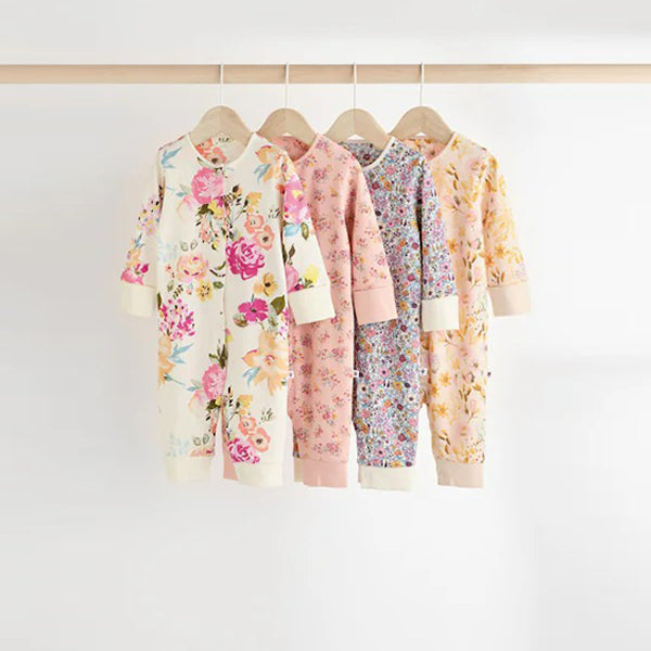 Orange Floral Baby Footless 100% Cotton Sleepsuits 4 Pack (0mths-18mths)