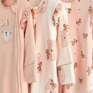 Pink Bear Baby Two Way Zip Sleepsuits 3 Pack (0-12mths)