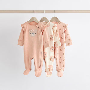 Pink Bear Baby Two Way Zip Sleepsuits 3 Pack (0-12mths)
