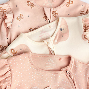 Pink Bear Baby Two Way Zip Sleepsuits 3 Pack (0-12mths)