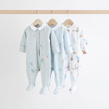 Load image into Gallery viewer, Blue Delicate Elephant Baby Embroidered Sleepsuits 3 Pack (0-12mths)
