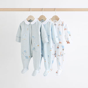 Blue Delicate Elephant Baby Embroidered Sleepsuits 3 Pack (0-12mths)