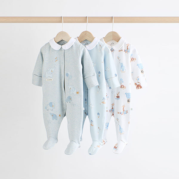 Blue Delicate Elephant Baby Embroidered Sleepsuits 3 Pack (0-12mths)