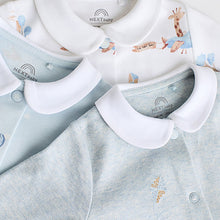 Load image into Gallery viewer, Blue Delicate Elephant Baby Embroidered Sleepsuits 3 Pack (0-12mths)
