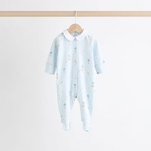 Load image into Gallery viewer, Blue Delicate Elephant Baby Embroidered Sleepsuits 3 Pack (0-12mths)
