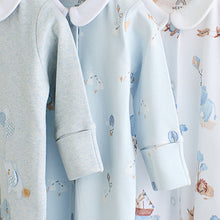 Load image into Gallery viewer, Blue Delicate Elephant Baby Embroidered Sleepsuits 3 Pack (0-12mths)
