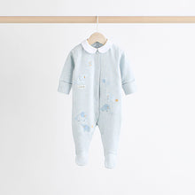 Load image into Gallery viewer, Blue Delicate Elephant Baby Embroidered Sleepsuits 3 Pack (0-12mths)
