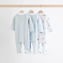Load image into Gallery viewer, Blue Delicate Elephant Baby Embroidered Sleepsuits 3 Pack (0-12mths)
