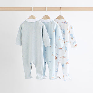 Blue Delicate Elephant Baby Embroidered Sleepsuits 3 Pack (0-12mths)
