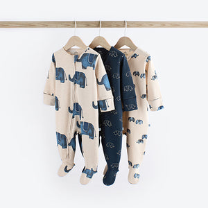 Blue Elephant Two Way Zip Baby 100% Cotton Sleepsuits 3 Pack (0mths-2yrs)