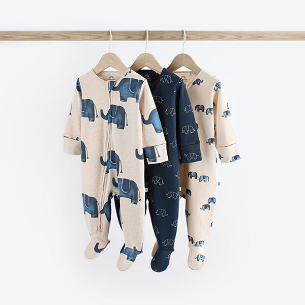 Blue Elephant Two Way Zip Baby 100% Cotton Sleepsuits 3 Pack (0mths-2yrs)