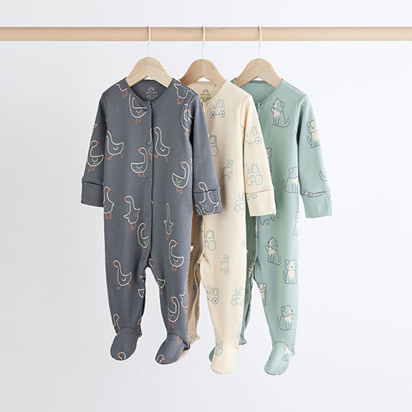 Mineral Blue Farm Printed Baby Sleepsuits 3 Pack (0mths-18mths)