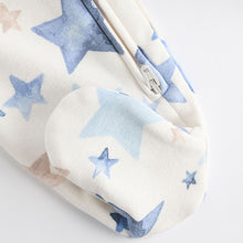 Load image into Gallery viewer, Blue/Cream Star Two Way Zip Fleece Lined Baby Sleepsuit
