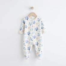 Load image into Gallery viewer, Blue/Cream Star Two Way Zip Fleece Lined Baby Sleepsuit
