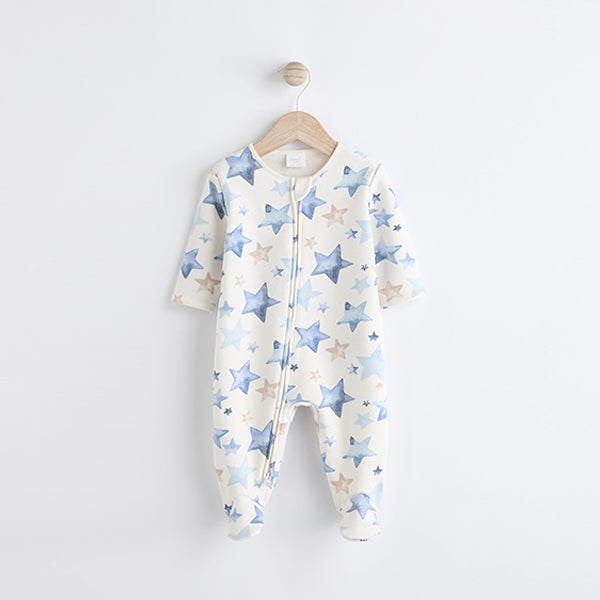 Blue/Cream Star Two Way Zip Fleece Lined Baby Sleepsuit