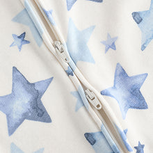 Load image into Gallery viewer, Blue/Cream Star Two Way Zip Fleece Lined Baby Sleepsuit
