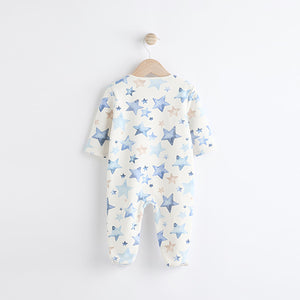 Blue/Cream Star Two Way Zip Fleece Lined Baby Sleepsuit