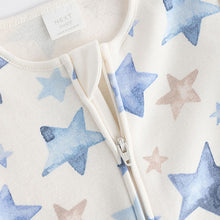 Load image into Gallery viewer, Blue/Cream Star Two Way Zip Fleece Lined Baby Sleepsuit

