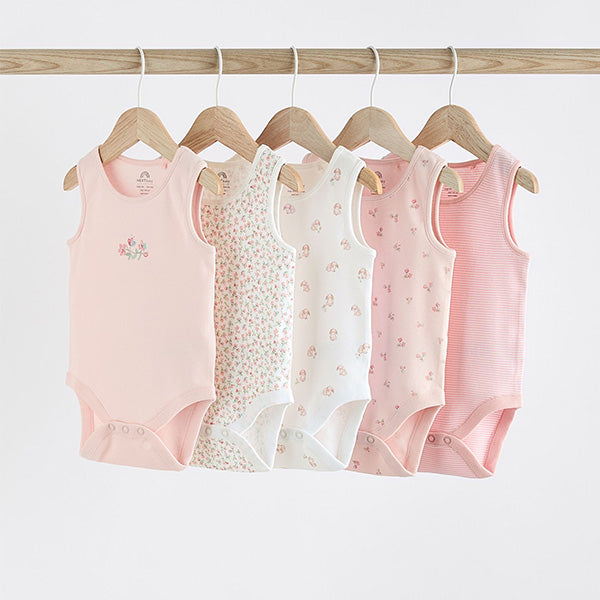 Pink Bunny 5 Pack Vest Baby Bodysuits