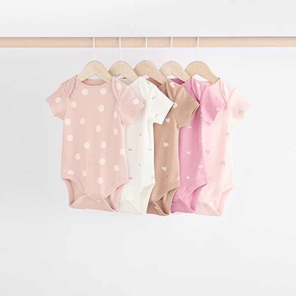 Brown & Pink Baby Short Sleeve 100% Cotton Bodysuits 5 Pack