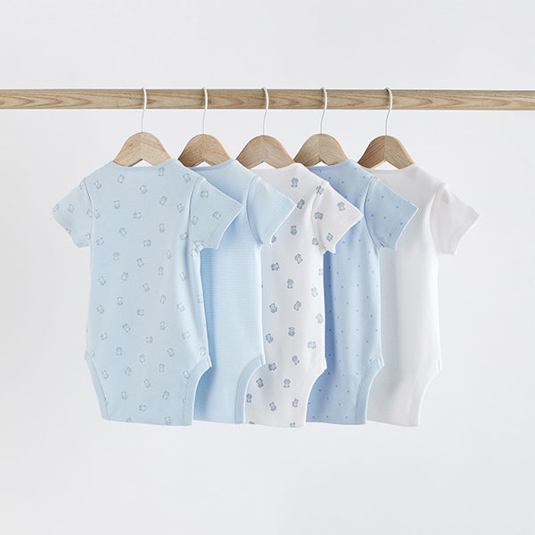 Blue 5 Pack Bear Short Sleeve Baby Bodysuits