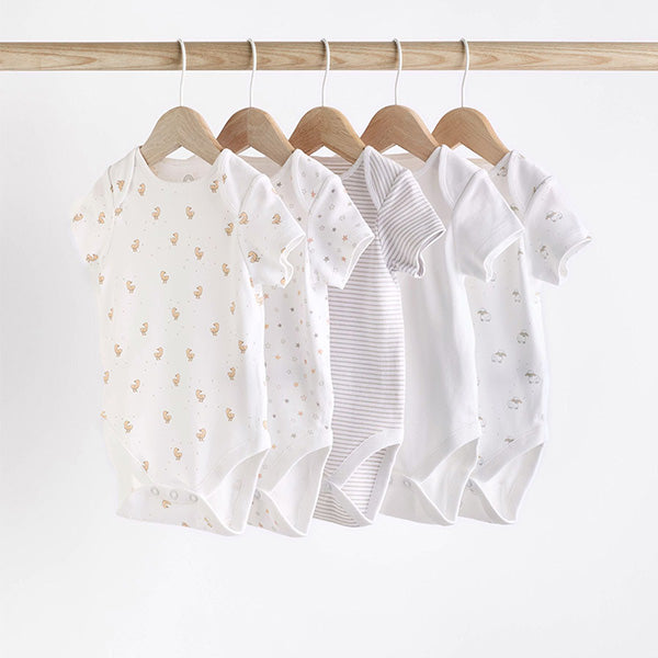 White 5 Pack Baby Short Sleeve Bodysuits