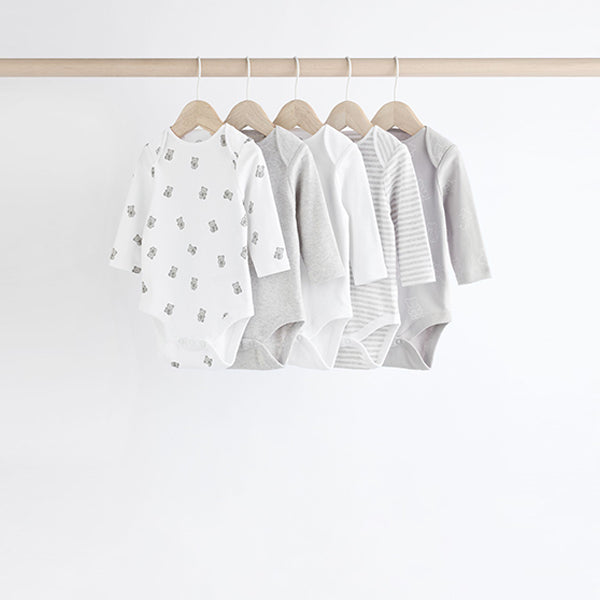 Grey/White Bear Baby Bodysuits 5 Pack