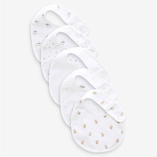 White Animals 100% Cotton Bibs 5 Pack