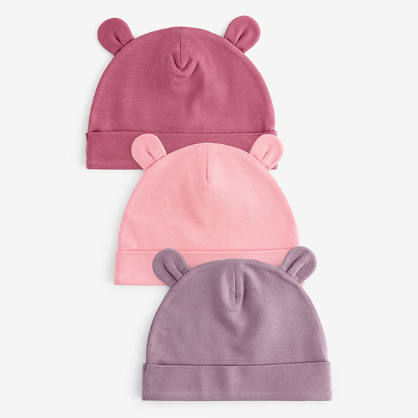 Pink Baby Beanie 100% Cotton Hats 3 Pack (0-12mths)