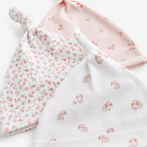 Pink Baby Tie Top 100% Cotton Hats 3 Pack (0-3mths)