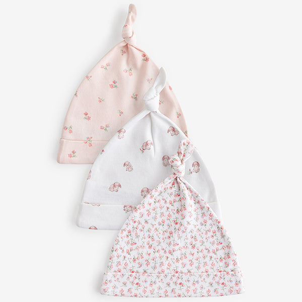 Pink Baby Tie Top 100% Cotton Hats 3 Pack (0-3mths)