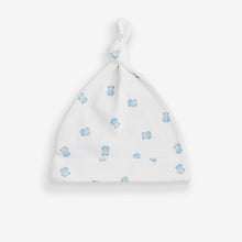 Load image into Gallery viewer, Blue/White Bear Baby Tie Top 100% Cotton Hats 3 Pack (0-6mths)
