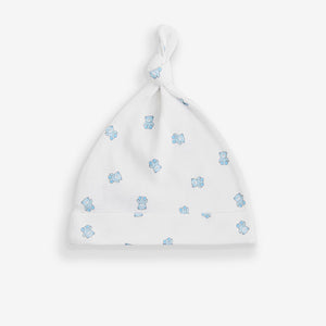 Blue/White Bear Baby Tie Top 100% Cotton Hats 3 Pack (0-6mths)