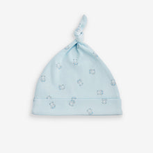 Load image into Gallery viewer, Blue/White Bear Baby Tie Top 100% Cotton Hats 3 Pack (0-6mths)

