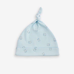 Blue/White Bear Baby Tie Top 100% Cotton Hats 3 Pack (0-6mths)